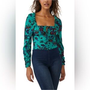 NWT, Free People Green Combo Hilary Print Keyhole Neck Top, Sz XS